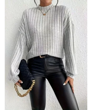 Kadın Uzun Kollu Yarı Balıkçı Yaka Salaş şardonlu Kaşkorse Bluz