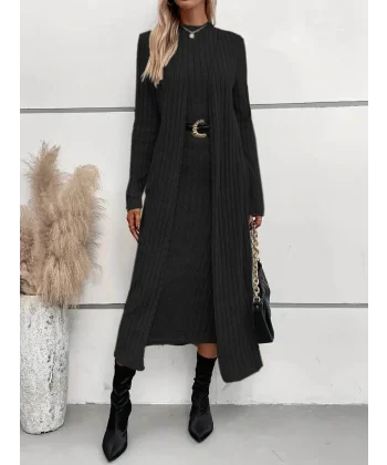 Kadın Uzun Kollu Yarı Balıkçı Yaka şardonlu Dalgıç Elbise Ve Uzun Hırka Ikili Takım