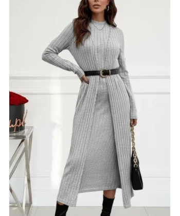 Kadın Uzun Kollu Yarı Balıkçı Yaka şardonlu Kaşkorse Elbise Ve Uzun Hırka Ikili Takım