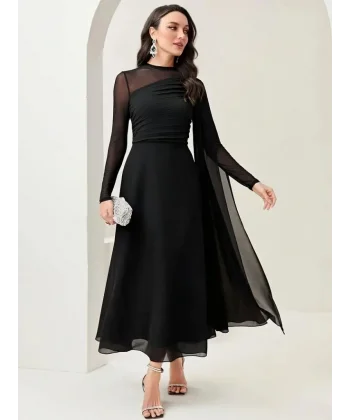 Kadın Uzun Kollu Yarı Balıkçı Yaka Tül Detaylı Uzun Sandy Elbise