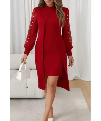 Kadın Uzun Kollu Yarı Balıkçı Yaka Tül Ve Inci Detaylı Kısa Ithal Krep Midi Elbise
