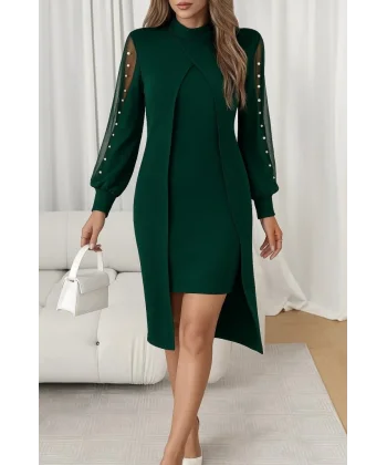 Kadın Uzun Kollu Yarı Balıkçı Yaka Tül Ve Inci Detaylı Kısa Ithal Krep Midi Elbise