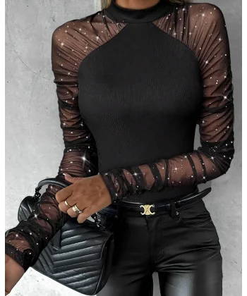 Kadın Uzun Kollu Yarı Balıkçı Yaka Tüllü Kaşkorse Bluz