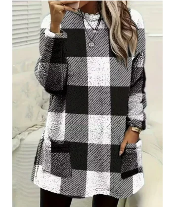 Kadın Uzun Kollu Yarı Balıkçı Yakalı Cep Detaylı Ekoseli Dokuma Tunik