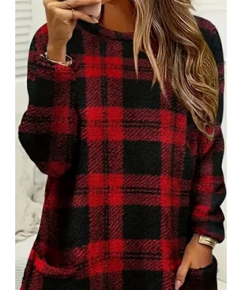 Kadın Uzun Kollu Yarı Balıkçı Yakalı Cep Detaylı Ekoseli Dokuma Tunik