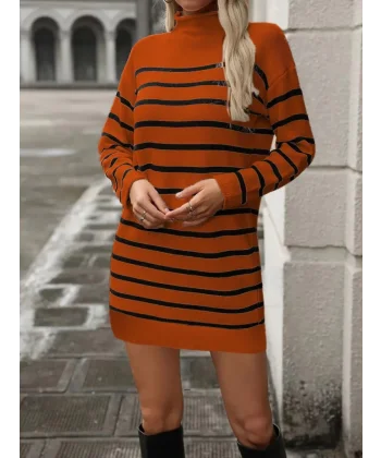 Kadın Uzun Kollu Yarım Balıkçı Yaka çizgilitriko Mini Boy Elbise (kemersiz)