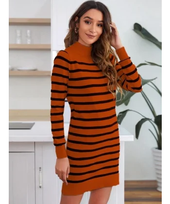 Kadın Uzun Kollu Yarım Balıkçı Yaka çizgilitriko Mini Boy Elbise (kemersiz)