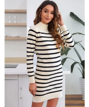 Kadın Uzun Kollu Yarım Balıkçı Yaka çizgilitriko Mini Boy Elbise (kemersiz)