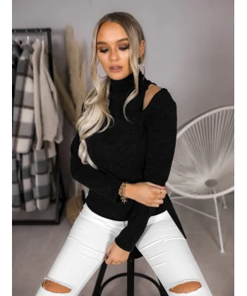 Kadın Uzun Kollu Yarım Balıkçı Yaka Omuzları Açık Bir Tarafı Yırtmaçlı Yumoş Bluz