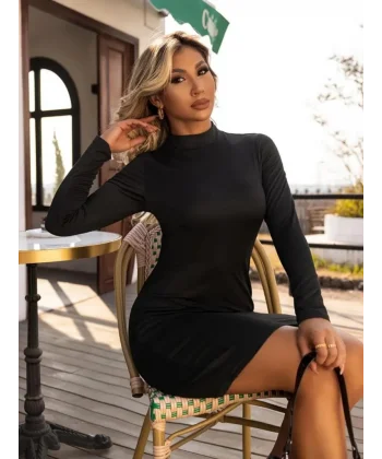 Kadın Uzun Kollu Yarım Balıkçı Yaka Viskon Elbise  5 İ