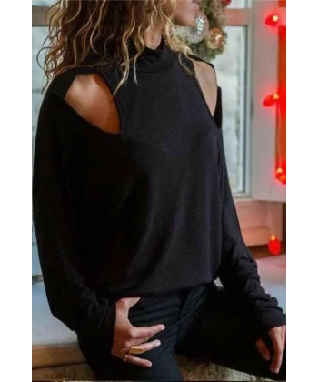 Kadın Uzun Kollu Yarım Boğazlı Yaka Omuz Pencere Detay Yün Viskon Bluz