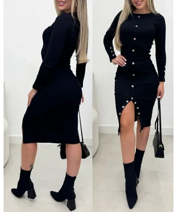 Kadın Uzun Kollu Yırtmaçlı Düğme Detaylı Midi Kaşkorse Elbise