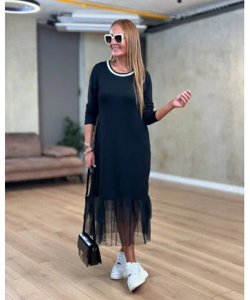 Kadın Uzun Kollu Yuvarlak Biye Yakalı Tüllü Uzun Viskon Iki Iplik Elbise