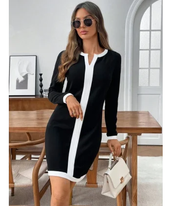 Kadın Uzun Kollu Yuvarlak V Yakalı şerit Detaylı Modal Mini Elbise