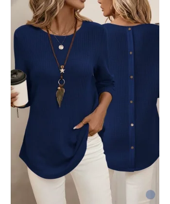 Kadın Uzun Kollu Yuvarlak Yaka Arkadan Düğmeli Waffle Bluz