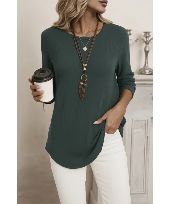 Kadın Uzun Kollu Yuvarlak Yaka Arkadan Düğmeli Waffle Bluz