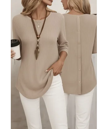 Kadın Uzun Kollu Yuvarlak Yaka Arkadan Düğmeli Waffle Bluz