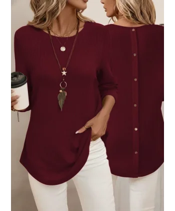 Kadın Uzun Kollu Yuvarlak Yaka Arkadan Düğmeli Waffle Bluz