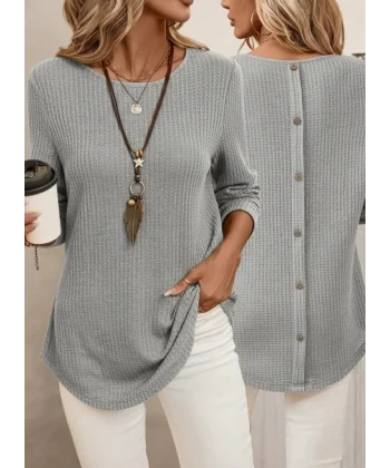 Kadın Uzun Kollu Yuvarlak Yaka Arkadan Düğmeli Waffle Bluz