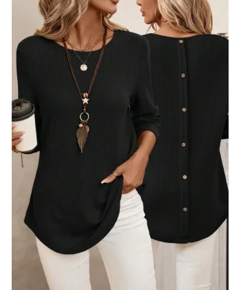 Kadın Uzun Kollu Yuvarlak Yaka Arkadan Düğmeli Waffle Bluz