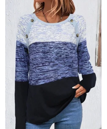 Kadın Uzun Kollu Yuvarlak Yaka Baskılı Düğme Detay Süprem Bluz