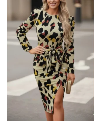 Kadın Uzun Kollu Yuvarlak Yaka Belden Kuşaklı önden Yırtmaçlı örme Krep Elbise