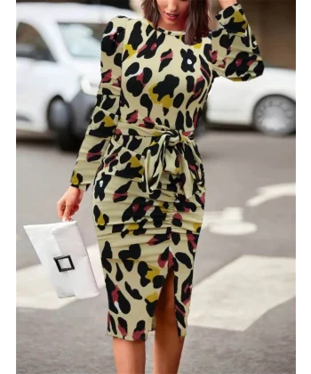 Kadın Uzun Kollu Yuvarlak Yaka Belden Kuşaklı önden Yırtmaçlı örme Krep Elbise