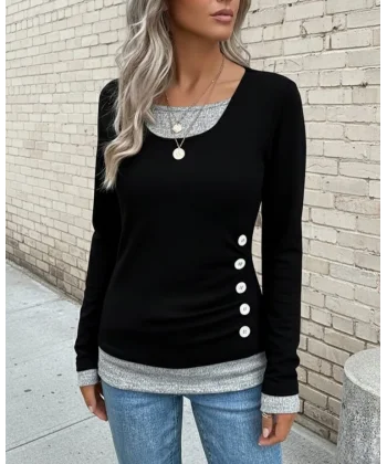 Kadın Uzun Kollu Yuvarlak Yaka Blok Renkli Yandan Düğmeli Viskon Bluz