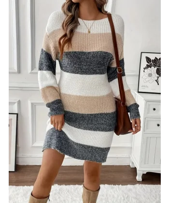 Kadın Uzun Kollu Yuvarlak Yaka çizgili çok Renkli Triko Elbise