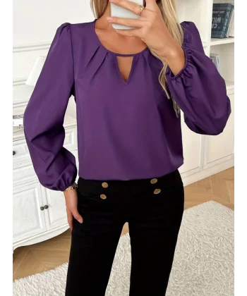 Kadın Uzun Kollu Yuvarlak Yaka Damla Detay önden Büzgülü Krep Bluz