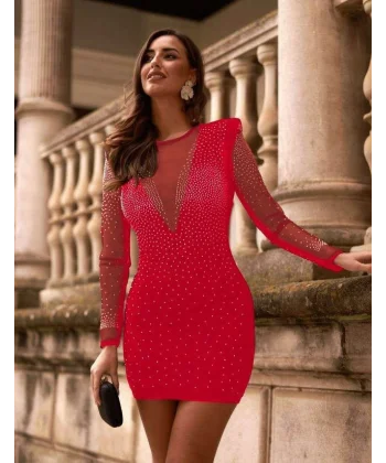 Kadın Uzun Kollu Yuvarlak Yaka Dekolteli Taşlı Dalgıç Elbise