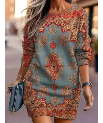 Kadın Uzun Kollu Yuvarlak Yaka Desenli Mini Modal Elbise