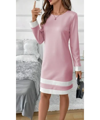 Kadın Uzun Kollu Yuvarlak Yaka Etek Ucu şerit Detaylı Mini Dalgıç Elbise