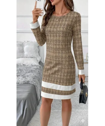 Kadın Uzun Kollu Yuvarlak Yaka Etek Ucu şerit Detaylı Mini Dokuma Elbise