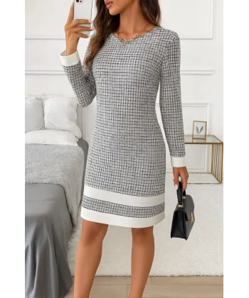 Kadın Uzun Kollu Yuvarlak Yaka Etek Ucu şerit Detaylı Mini Dokuma Elbise