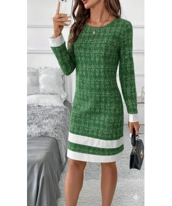 Kadın Uzun Kollu Yuvarlak Yaka Etek Ucu şerit Detaylı Mini Dokuma Elbise