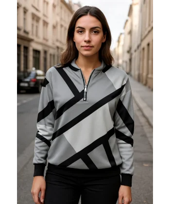 Kadın Uzun Kollu Yuvarlak Yaka Fermuarlı Desenli şardonlu Bluz