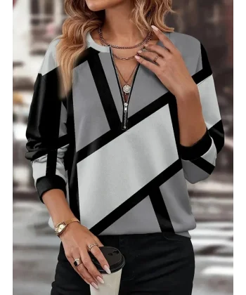 Kadın Uzun Kollu Yuvarlak Yaka Fermuarlı Desenli şardonlu Bluz