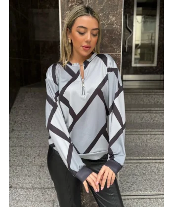 Kadın Uzun Kollu Yuvarlak Yaka Fermuarlı Desenli şardonlu Bluz