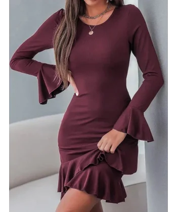 Kadın Uzun Kollu Yuvarlak Yaka Fırfırlı Kol Ucu Volanlı Janjan Krep Mini Elbise