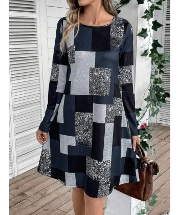 Kadın Uzun Kollu Yuvarlak Yaka Geometrik Süprem Elbise