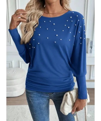 Kadın Uzun Kollu Yuvarlak Yaka Incili Viskon Bluz