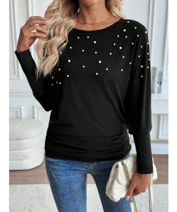 Kadın Uzun Kollu Yuvarlak Yaka Incili Viskon Bluz