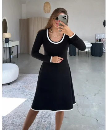 Kadın Uzun Kollu Yuvarlak Yaka Midi Viskon Iki Iplik Elbise