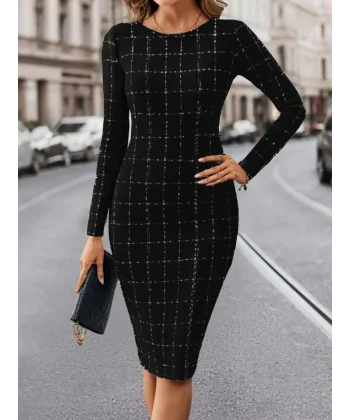 Kadın Uzun Kollu Yuvarlak Yaka Mini Dokuma Elbise