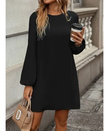 Kadın Uzun Kollu Yuvarlak Yaka Mini Ithal Krep Elbise