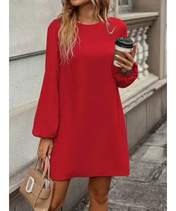 Kadın Uzun Kollu Yuvarlak Yaka Mini Ithal Krep Elbise