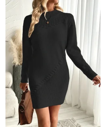 Kadın Uzun Kollu Yuvarlak Yaka Mini Triko Elbise