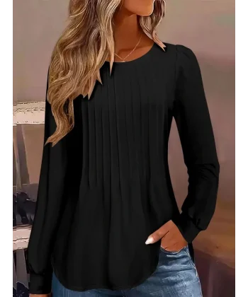 Kadın Uzun Kollu Yuvarlak Yaka Nervürlü Bluz