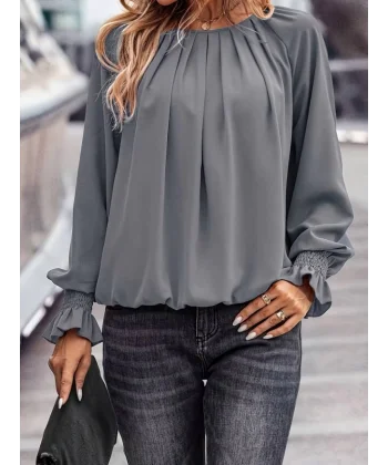 Kadın Uzun Kollu Yuvarlak Yaka önden Büzgülü Sandy Bluz